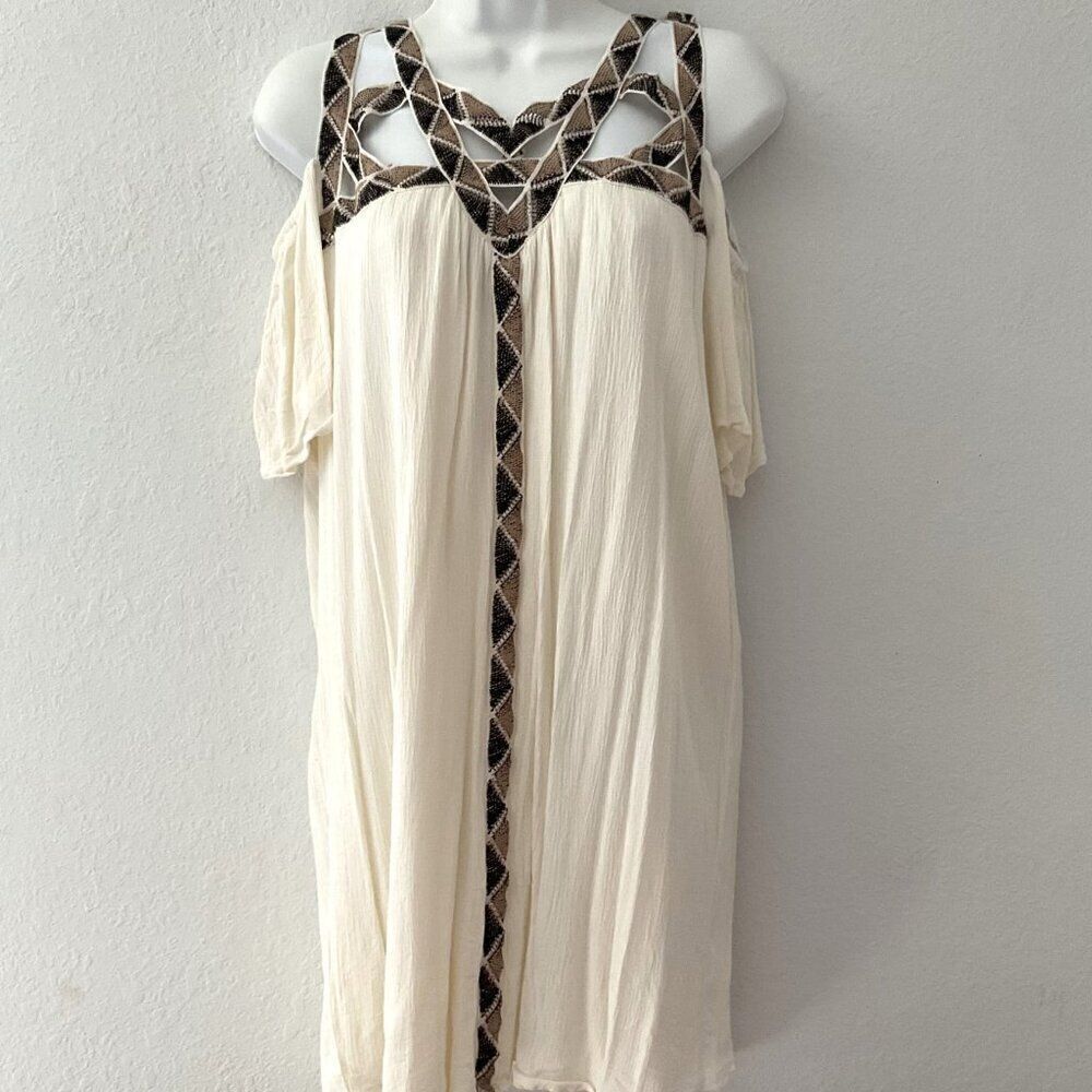 Cato New Boho Cut Out Cold Shoulder Tunic Top Cream Tan Size Large
